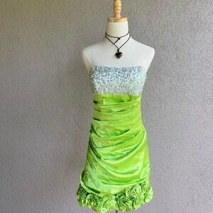 Y2K Lime Green Sequin Cocktail Mini Dress Strapless Party Size Medium